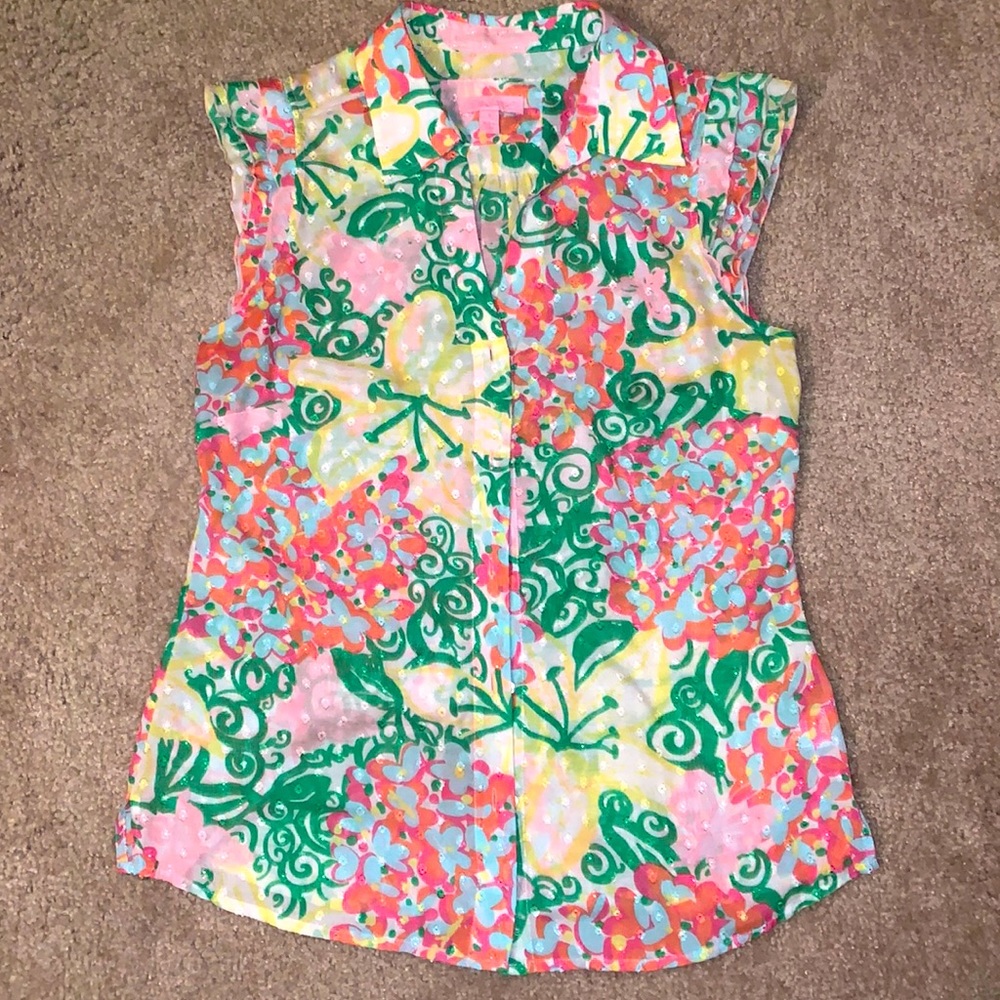 Lilly Pulitzer mariposa ruffle sleeve button up blouse, 4
